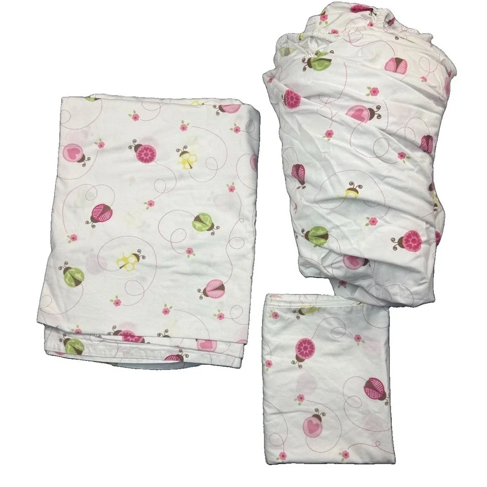 Circo Ladybug Fitted Flat Sheet Set Twin + Pillow Case Pink White Flowers